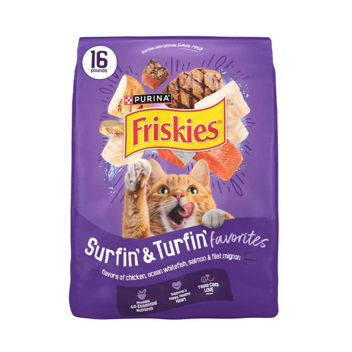 Purina Friskies Cat Food Surfin and Turfin Favorites Flavors of Chicken, Whitefish, Salmon and Filet Mignon Dry Cat Food